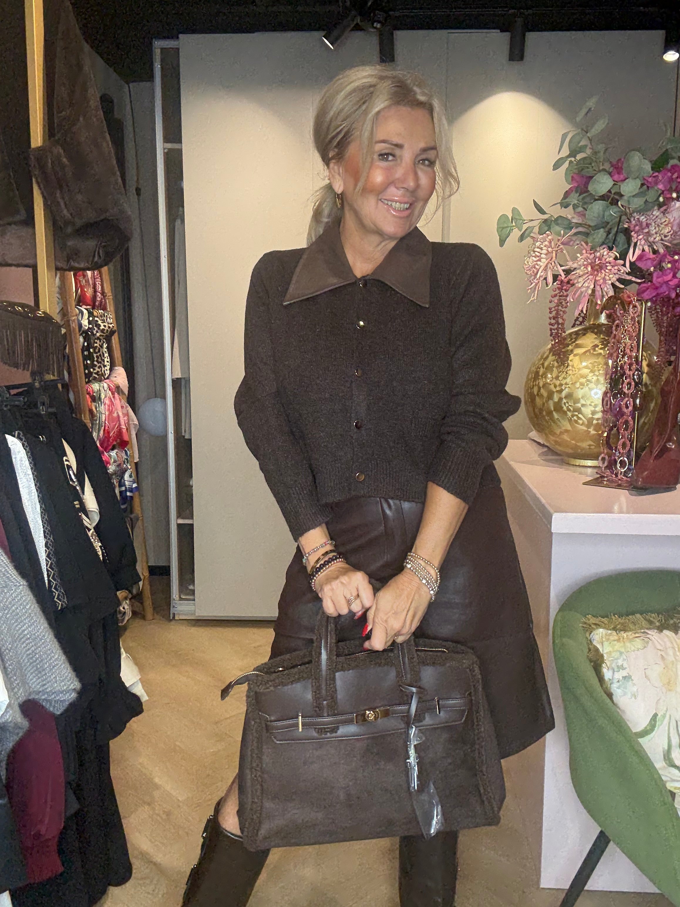 Vestje Leren kraag Donkerbruin